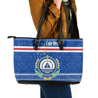 Cape Verde Christmas Leather Tote Bag with Blue Festive Pattern Sailing Santa and National Emblem Motif - Wonder Print Shop