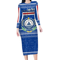 Cape Verde Christmas Long Sleeve Bodycon Dress with Blue Festive Pattern Sailing Santa and National Emblem Motif - Wonder Print Shop