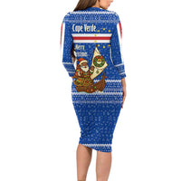 Cape Verde Christmas Long Sleeve Bodycon Dress with Blue Festive Pattern Sailing Santa and National Emblem Motif - Wonder Print Shop