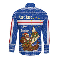 Cape Verde Christmas Long Sleeve Button Shirt with Blue Festive Pattern Sailing Santa and National Emblem Motif - Wonder Print Shop