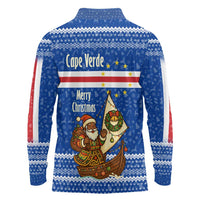 Cape Verde Christmas Long Sleeve Polo Shirt with Blue Festive Pattern Sailing Santa and National Emblem Motif - Wonder Print Shop