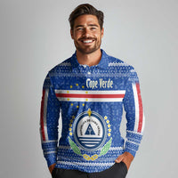 Cape Verde Christmas Long Sleeve Polo Shirt with Blue Festive Pattern Sailing Santa and National Emblem Motif - Wonder Print Shop