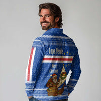 Cape Verde Christmas Long Sleeve Polo Shirt with Blue Festive Pattern Sailing Santa and National Emblem Motif - Wonder Print Shop