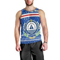 Cape Verde Christmas Men Tank Top with Blue Festive Pattern Sailing Santa and National Emblem Motif - Wonder Print Shop