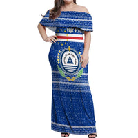 Cape Verde Christmas Off Shoulder Maxi Dress with Blue Festive Pattern Sailing Santa and National Emblem Motif - Wonder Print Shop