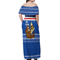 Cape Verde Christmas Off Shoulder Maxi Dress with Blue Festive Pattern Sailing Santa and National Emblem Motif - Wonder Print Shop