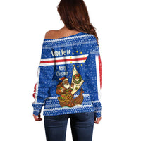 Cape Verde Christmas Off Shoulder Sweater with Blue Festive Pattern Sailing Santa and National Emblem Motif - Wonder Print Shop