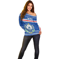 Cape Verde Christmas Off Shoulder Sweater with Blue Festive Pattern Sailing Santa and National Emblem Motif - Wonder Print Shop