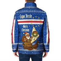 Cape Verde Christmas Padded Jacket with Blue Festive Pattern Sailing Santa and National Emblem Motif - Wonder Print Shop
