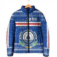 Cape Verde Christmas Padded Jacket with Blue Festive Pattern Sailing Santa and National Emblem Motif - Wonder Print Shop