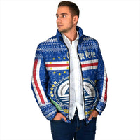 Cape Verde Christmas Padded Jacket with Blue Festive Pattern Sailing Santa and National Emblem Motif - Wonder Print Shop