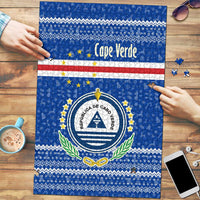 Cape Verde Christmas Puzzle with Blue Festive Pattern Sailing Santa and National Emblem Motif - Wonder Print Shop