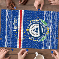 Cape Verde Christmas Puzzle with Blue Festive Pattern Sailing Santa and National Emblem Motif - Wonder Print Shop