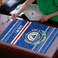 Cape Verde Christmas Puzzle with Blue Festive Pattern Sailing Santa and National Emblem Motif - Wonder Print Shop