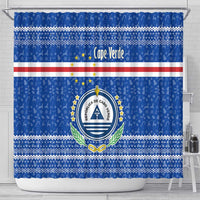 Cape Verde Christmas Shower Curtain with Blue Festive Pattern Sailing Santa and National Emblem Motif - Wonder Print Shop