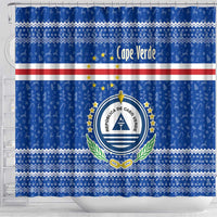 Cape Verde Christmas Shower Curtain with Blue Festive Pattern Sailing Santa and National Emblem Motif - Wonder Print Shop