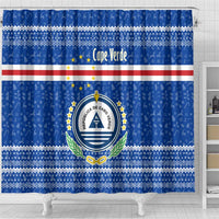 Cape Verde Christmas Shower Curtain with Blue Festive Pattern Sailing Santa and National Emblem Motif - Wonder Print Shop