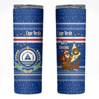 Cape Verde Christmas Skinny Tumbler with Blue Festive Pattern Sailing Santa and National Emblem Motif - Wonder Print Shop