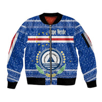 Cape Verde Christmas Sleeve Zip Bomber Jacket with Blue Festive Pattern Sailing Santa and National Emblem Motif - Wonder Print Shop