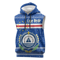 Cape Verde Christmas Sleeveless Hoodie with Blue Festive Pattern Sailing Santa and National Emblem Motif - Wonder Print Shop