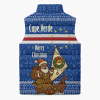 Cape Verde Christmas Sleeveless Puffer Jacket with Blue Festive Pattern Sailing Santa and National Emblem Motif - Wonder Print Shop