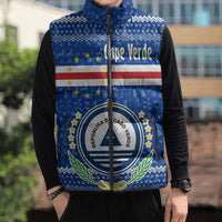 Cape Verde Christmas Sleeveless Puffer Jacket with Blue Festive Pattern Sailing Santa and National Emblem Motif - Wonder Print Shop