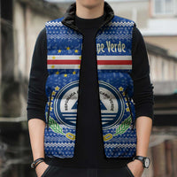 Cape Verde Christmas Sleeveless Puffer Jacket with Blue Festive Pattern Sailing Santa and National Emblem Motif - Wonder Print Shop