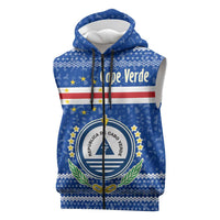 Cape Verde Christmas Sleeveless Zip Hoodie with Blue Festive Pattern Sailing Santa and National Emblem Motif - Wonder Print Shop