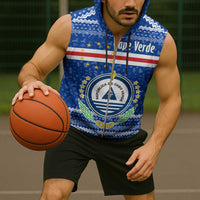 Cape Verde Christmas Sleeveless Zip Hoodie with Blue Festive Pattern Sailing Santa and National Emblem Motif - Wonder Print Shop