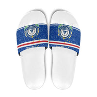 Cape Verde Christmas Slide Sandals with Blue Festive Pattern Sailing Santa and National Emblem Motif - Wonder Print Shop