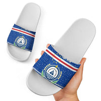 Cape Verde Christmas Slide Sandals with Blue Festive Pattern Sailing Santa and National Emblem Motif - Wonder Print Shop