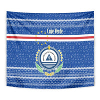 Cape Verde Christmas Tapestry with Blue Festive Pattern Sailing Santa and National Emblem Motif - Wonder Print Shop