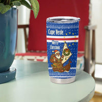 Cape Verde Christmas Tumbler Cup with Blue Festive Pattern Sailing Santa and National Emblem Motif - Wonder Print Shop