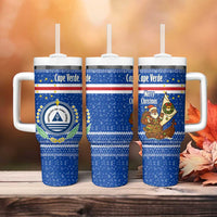 Cape Verde Christmas Tumbler With Handle with Blue Festive Pattern Sailing Santa and National Emblem Motif - Wonder Print Shop