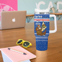 Cape Verde Christmas Tumbler With Handle with Blue Festive Pattern Sailing Santa and National Emblem Motif - Wonder Print Shop