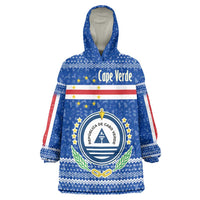 Cape Verde Christmas Wearable Blanket Hoodie with Blue Festive Pattern Sailing Santa and National Emblem Motif - Wonder Print Shop