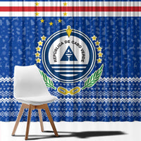 Cape Verde Christmas Window Curtain with Blue Festive Pattern Sailing Santa and National Emblem Motif - Wonder Print Shop