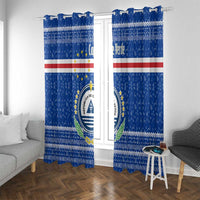 Cape Verde Christmas Window Curtain with Blue Festive Pattern Sailing Santa and National Emblem Motif - Wonder Print Shop
