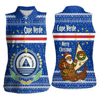 Cape Verde Christmas Women Sleeveless Polo Shirt with Blue Festive Pattern Sailing Santa and National Emblem Motif - Wonder Print Shop