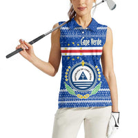 Cape Verde Christmas Women Sleeveless Polo Shirt with Blue Festive Pattern Sailing Santa and National Emblem Motif - Wonder Print Shop