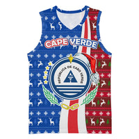 Cape Verde Christmas Basketball Jersey with Red and Blue Festive Pattern Christmas Tree and National Emblem Motif - Wonder Print Shop