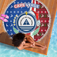 Cape Verde Christmas Beach Blanket with Red and Blue Festive Pattern Christmas Tree and National Emblem Motif - Wonder Print Shop