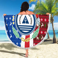 Cape Verde Christmas Beach Blanket with Red and Blue Festive Pattern Christmas Tree and National Emblem Motif - Wonder Print Shop