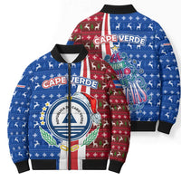 Cape Verde Christmas Bomber Puffer Jacket with Red and Blue Festive Pattern Christmas Tree and National Emblem Motif - Wonder Print Shop
