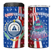 Cape Verde Christmas 4 in 1 Can Cooler Tumbler with Red and Blue Festive Pattern Christmas Tree and National Emblem Motif - Wonder Print Shop