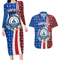 Cape Verde Christmas Couples Matching Long Sleeve Bodycon Dress and Hawaiian Shirt with Red and Blue Festive Pattern Christmas Tree and National Emblem Motif - Wonder Print Shop