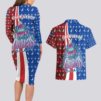 Cape Verde Christmas Couples Matching Long Sleeve Bodycon Dress and Hawaiian Shirt with Red and Blue Festive Pattern Christmas Tree and National Emblem Motif - Wonder Print Shop