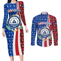 Cape Verde Christmas Couples Matching Long Sleeve Bodycon Dress and Long Sleeve Button Shirt with Red and Blue Festive Pattern Christmas Tree and National Emblem Motif - Wonder Print Shop