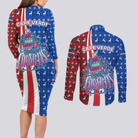Cape Verde Christmas Couples Matching Long Sleeve Bodycon Dress and Long Sleeve Button Shirt with Red and Blue Festive Pattern Christmas Tree and National Emblem Motif - Wonder Print Shop