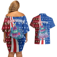 Cape Verde Christmas Couples Matching Off Shoulder Short Dress and Hawaiian Shirt with Red and Blue Festive Pattern Christmas Tree and National Emblem Motif - Wonder Print Shop